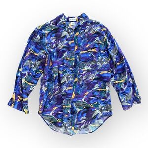 Kikomo Vintage Silk Hawaiian Tropical Print Button up Blouse‎ Size S